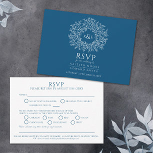 Hand drawn leaf monogram blue RSVP wedding Card