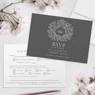 Hand drawn leaf monogram dark grey RSVP wedding Card