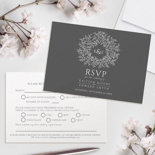 Hand drawn leaf monogram dark grey RSVP wedding Card (Creator Uploaded)