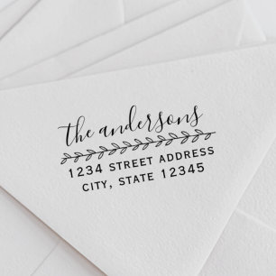 Hand Drawn Leaves Family Name Return Address Rubber Stamp
