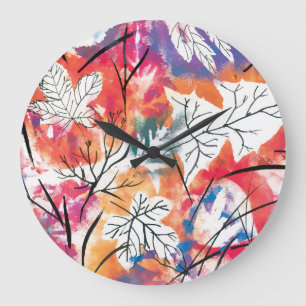 Hand Drawn Lemons, Blue Leaves Pattern. Large Clock