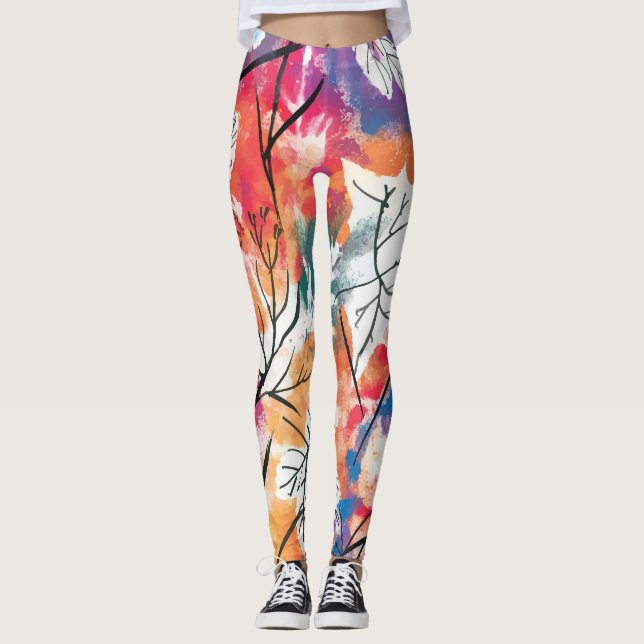 Hand Drawn Lemons, Blue Leaves Pattern. Leggings (Front)