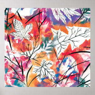 Hand Drawn Lemons, Blue Leaves Pattern. Poster