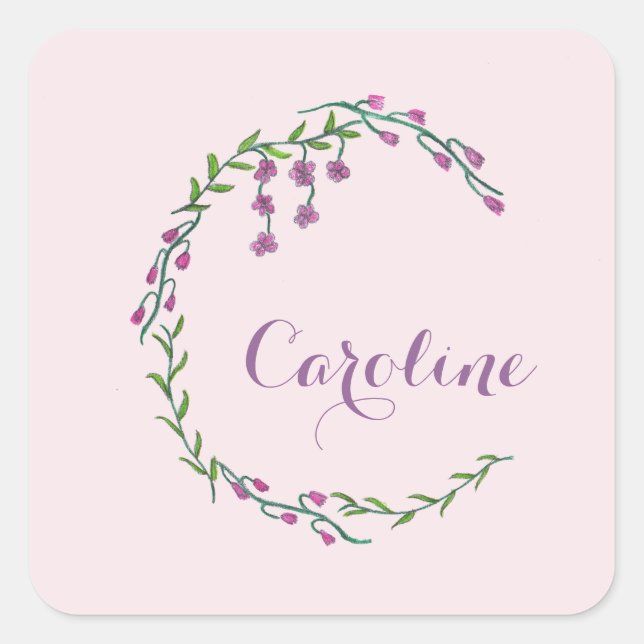 Hand Drawn Letter C Initial Monogram Vines Flowers Square Sticker (Front)