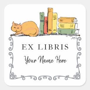Hand-Drawn Library Cat on Bookshelf Cute Bookplate Square Sticker