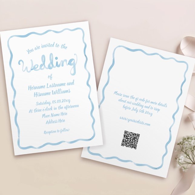 Hand Drawn Light Blue Wavy Frame QR RSVP Wedding Invitation (Creator Uploaded)