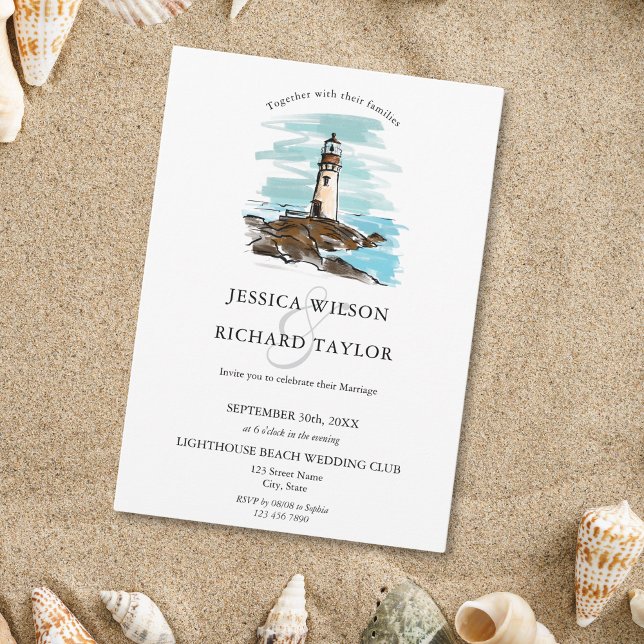 Hand Drawn Lighthouse Beach Venue Illustration Invitation (whimsical hand drawn lighthouse wedding invitation)