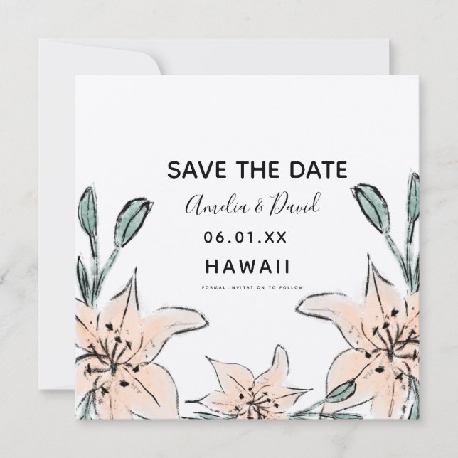Hand Drawn Lilies Greenery Save the Date (Front)