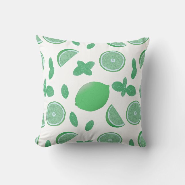 Hand Drawn Lime and Mint Botanical Pillow (Front)