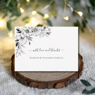 Hand Drawn Line Art Flowers Black White Wedding Thank You Card