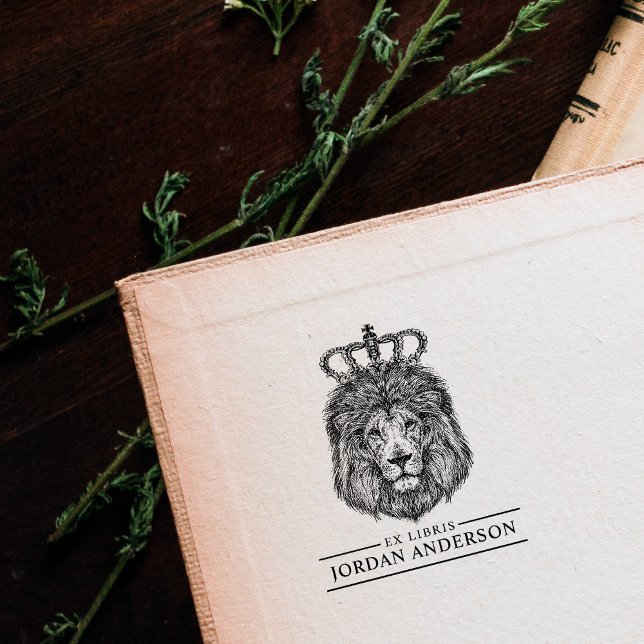 Hand Drawn Lion With Crown | Custom Name Ex Libris Rubber Stamp (Creator Uploaded)