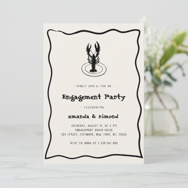 Hand Drawn Lobster Seafood Theme Engagement Party Invitation (Standing Front)