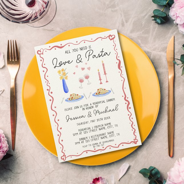Hand Drawn Love and Pasta Italian Rehearsal Dinner Invitation (whimsical colorful watercolor italian dinner pasta, wine, candles, flowers.... rehersal dinner invit)