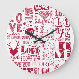 Hand-drawn love doodles, charming pattern. large clock