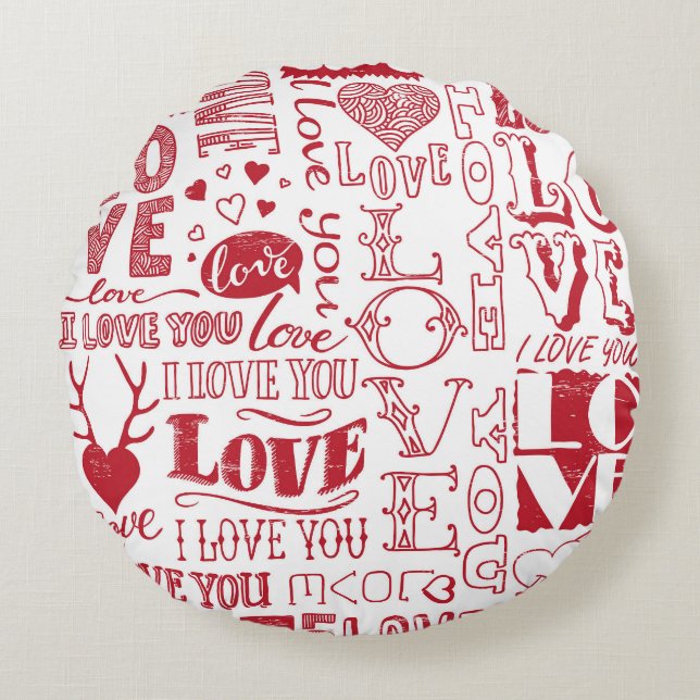 Hand-drawn love doodles, charming pattern. round cushion (Front)