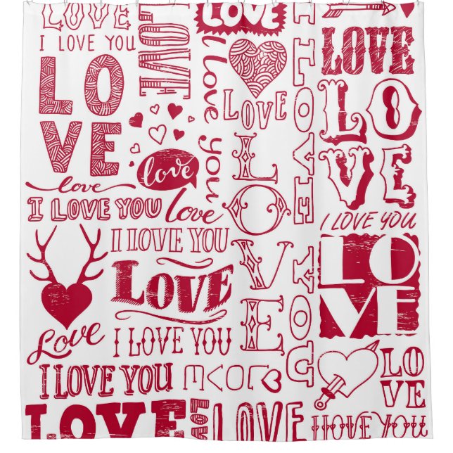 Hand-drawn love doodles, charming pattern. shower curtain (Front)