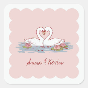 Hand-drawn Love Swans scalloped border wedding Square Sticker
