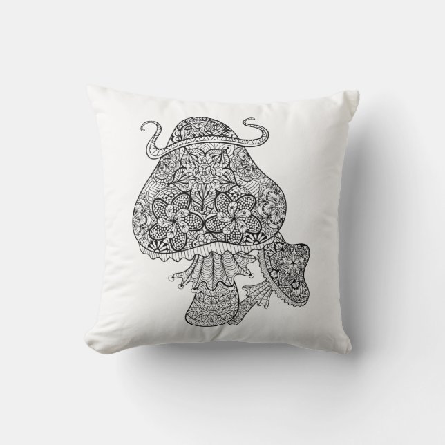 Hand Drawn Magic Mushrooms Doodle Cushion (Front)