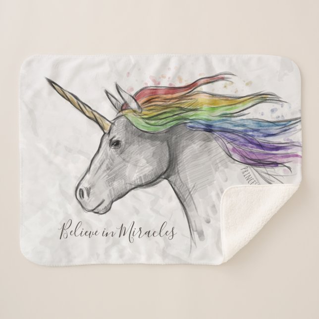 Hand Drawn Magical Unicorn. Believe in Miracles. Sherpa Blanket (Front (Horizontal))