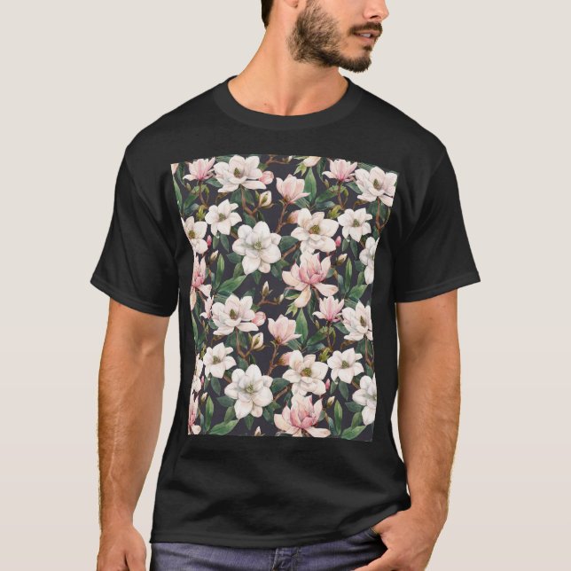 Hand-drawn magnolias: watercolor seamless. T-Shirt (Front)
