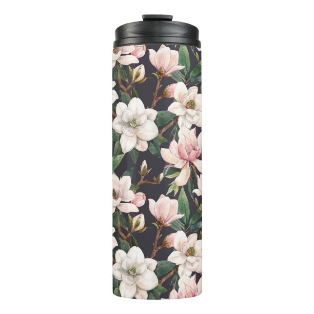 Hand-drawn magnolias: watercolor seamless. thermal tumbler (Front)