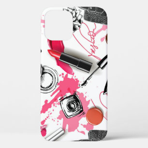 Hand-drawn makeup, vintage graphic pattern. iPhone 12 case