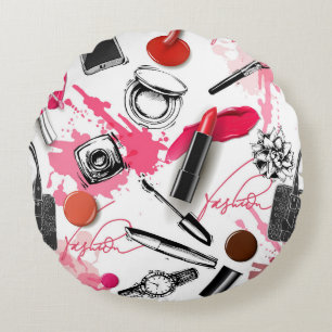 Hand-drawn makeup, vintage graphic pattern. round cushion