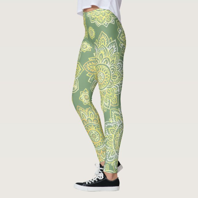 Hand Drawn Mandala Boho Sage Green Leggings (Left)