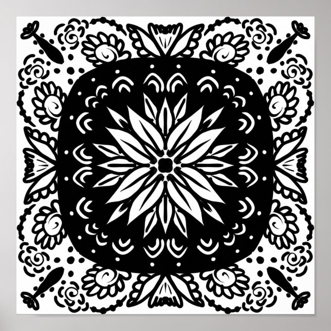 Hand Drawn Mandala Doodle Art Black White Poster (Front)