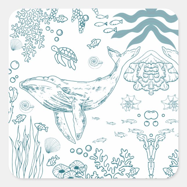 Hand-drawn Marine Life Square Sticker (Front)
