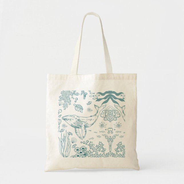 Hand-drawn Marine Life Tote Bag (Front)