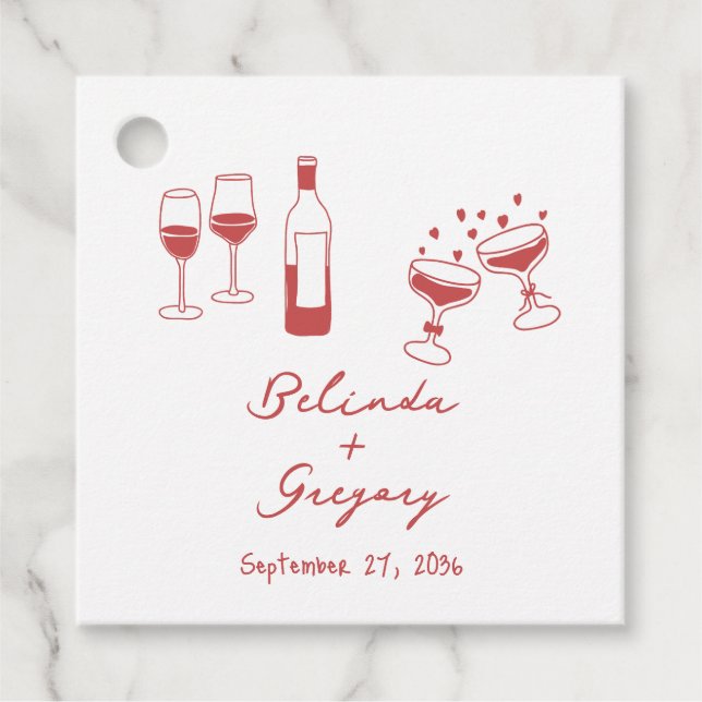 Hand Drawn Maroon Illustrations Doodles Wedding Favour Tags (Front)