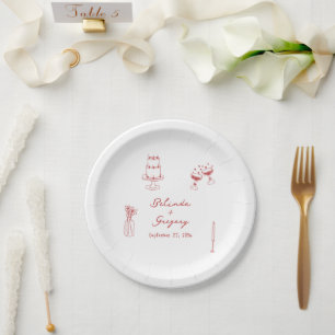Hand Drawn Maroon Illustrations Doodles Wedding Paper Plate