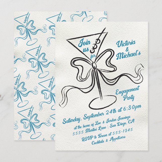 Hand Drawn Martini Bow Funky Engagement Party Invitation (Front/Back)