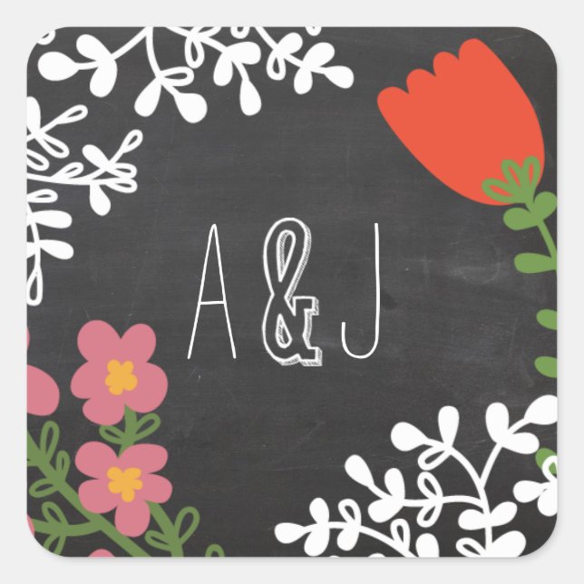 Hand Drawn Mason Jar & Flowers on Chalkboard Square Sticker (Front)