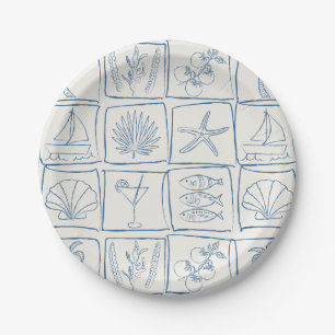 Hand-Drawn Mediterranean Coastal Tile Linen Cobalt Paper Plate
