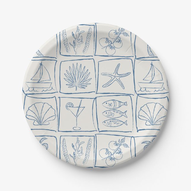 Hand-Drawn Mediterranean Coastal Tile Linen Cobalt Paper Plate (Front)