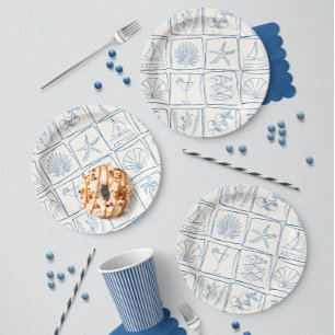 Hand-Drawn Mediterranean Coastal Tile Linen Cobalt Paper Plate