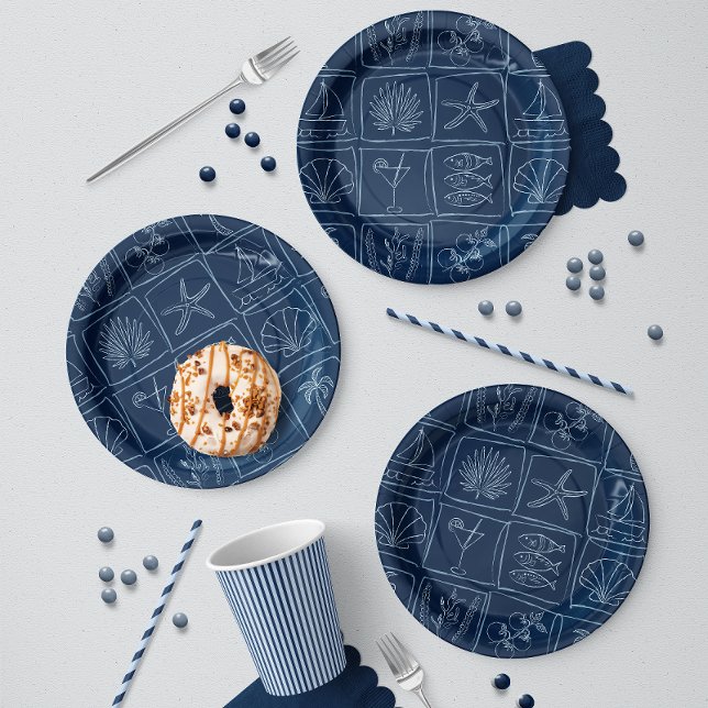 Hand-Drawn Mediterranean Coastal Tile Navy Paper Plate (Creator Uploaded)