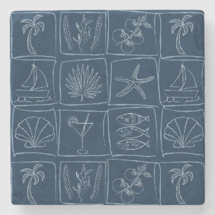 Hand-Drawn Mediterranean Faux Tile Nautical Navy Stone Coaster