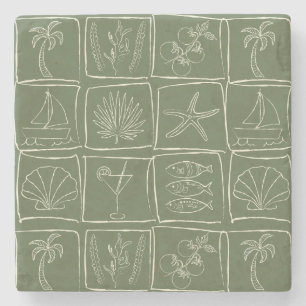 Hand-Drawn Mediterranean Faux Tile Olive Grove Stone Coaster