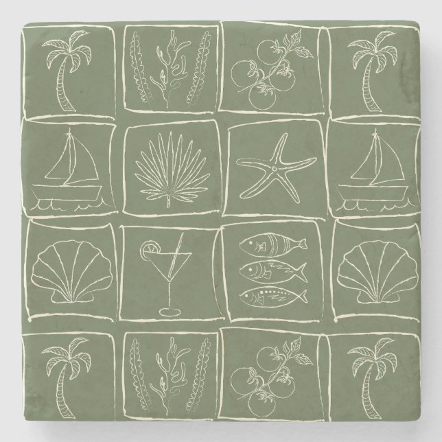 Hand-Drawn Mediterranean Faux Tile Olive Grove Stone Coaster (Front)