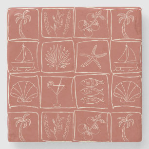 Hand-Drawn Mediterranean Faux Tile Terracotta  Stone Coaster