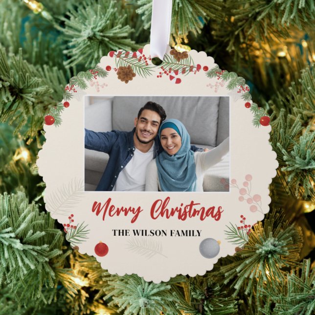 Hand Drawn Merry Christmas One Photo Tree Decoration Card (Insitu (Tree))