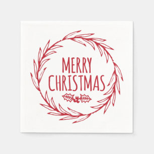 Hand Drawn Merry Christmas Wreath Holiday Napkins