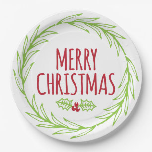 Hand Drawn Merry Christmas Wreath Paper Plates