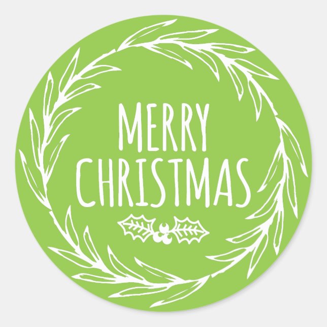Hand Drawn Merry Christmas Wreath Sticker Gift Tag (Front)