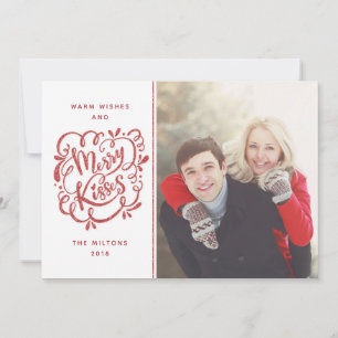 Hand Drawn Merry Kisses Red Glitter Holiday Photo Card