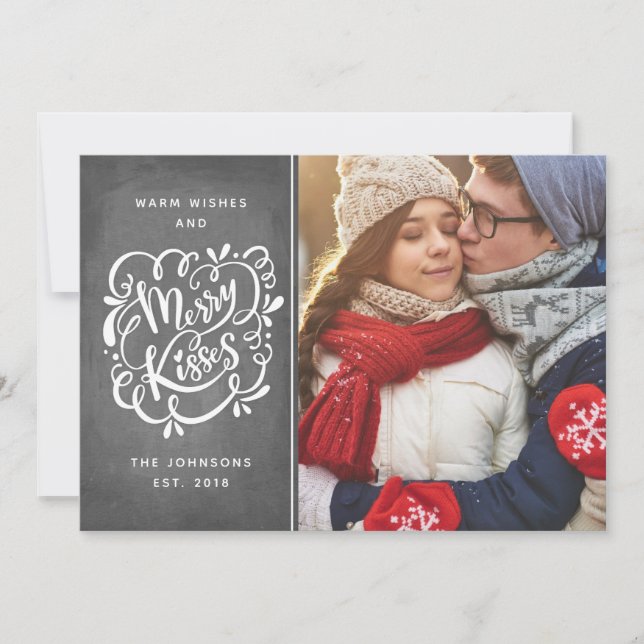 Hand Drawn Merry Kisses Typography Christmas Photo Holiday Card (Front)