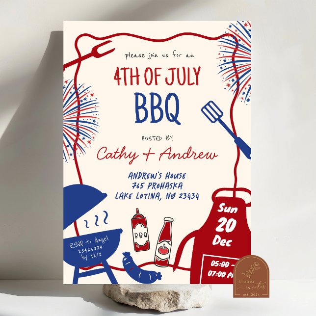 Hand Drawn Minimalist BBQ 4th of July BBQ  Invitation (Creator Uploaded)